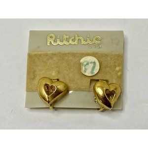 Vintage Pair Clip on Earrings New Old Stock NOS Gold Tone Heart Shape Ritchie